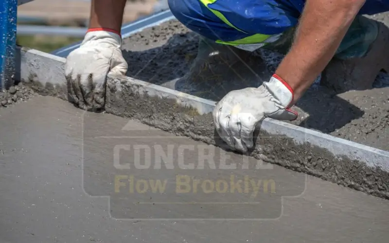 Contractor hand-finishing the edge of a fresh concrete sidewalk