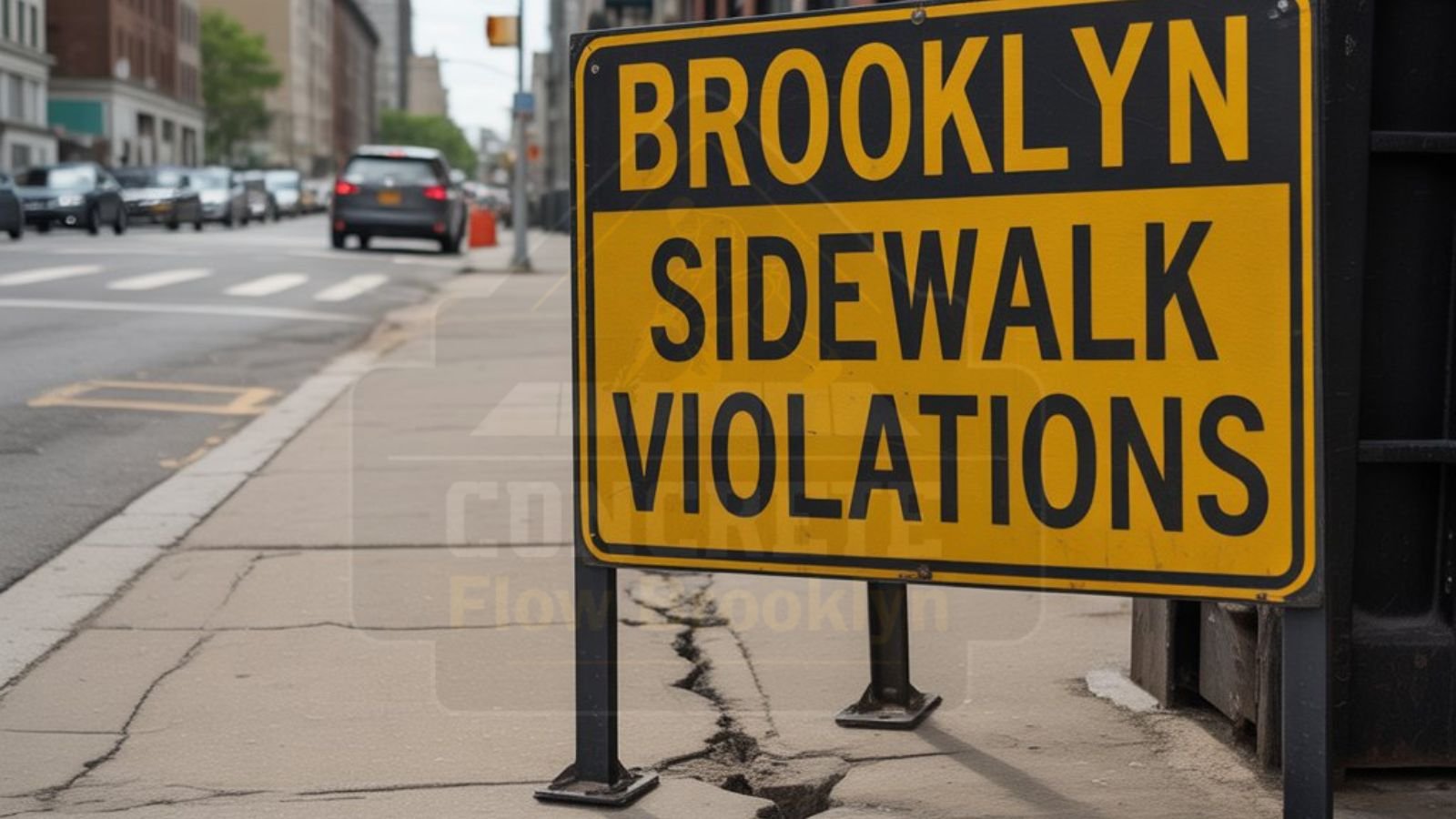 Cracked and uneven concrete sidewalk being repaired to remove NYC sidewalk violation in Brooklyn